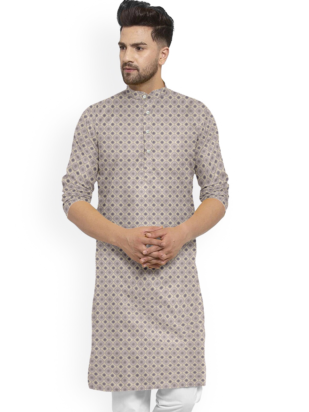 

Shiv Leela Cotton Ethnic Printed Band Collared Kurta, Grey