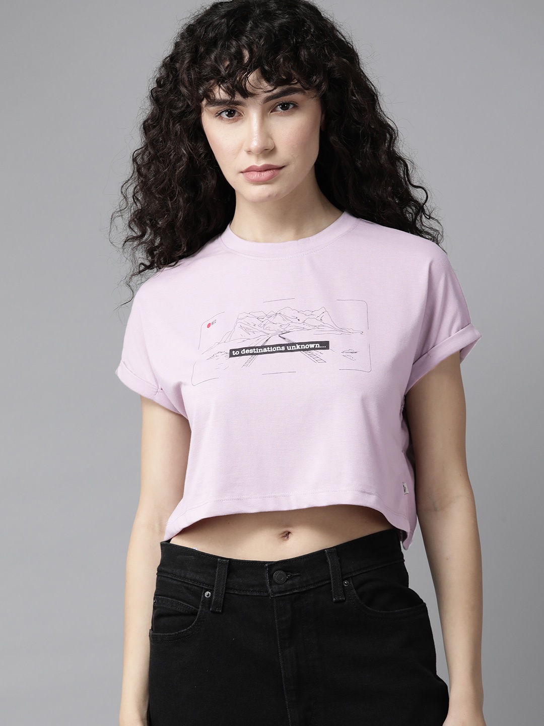 

Roadster Graphic Printed Cotton Crop Top, Mauve