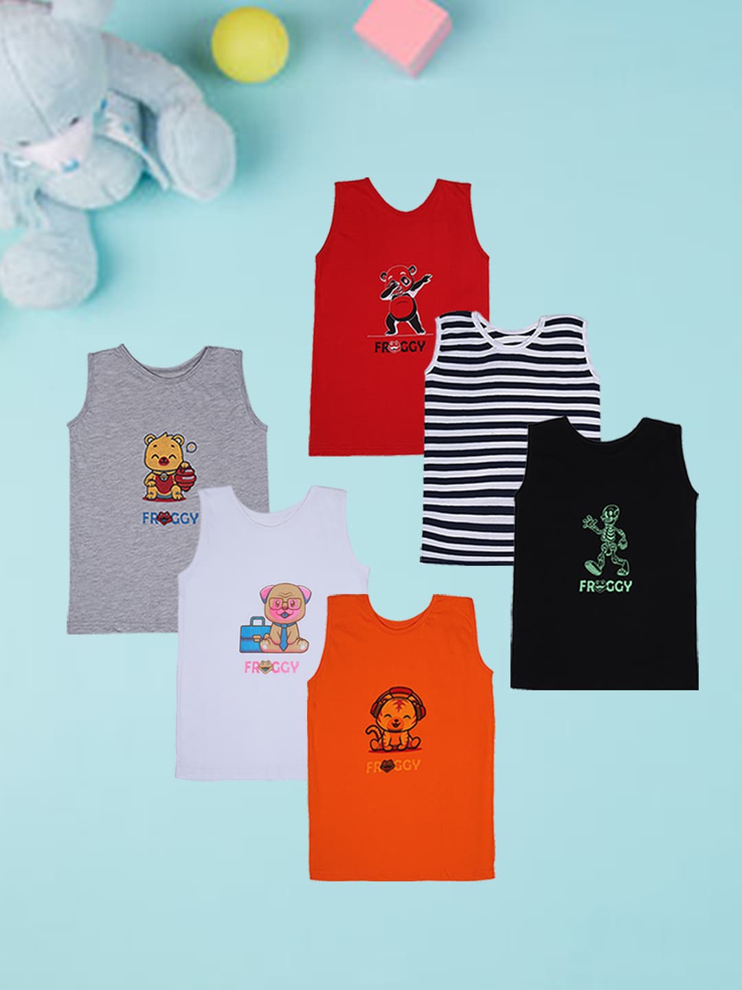 

FROGGY Kids Pack Of 6 Assorted Pure Cotton Innerwear Vests