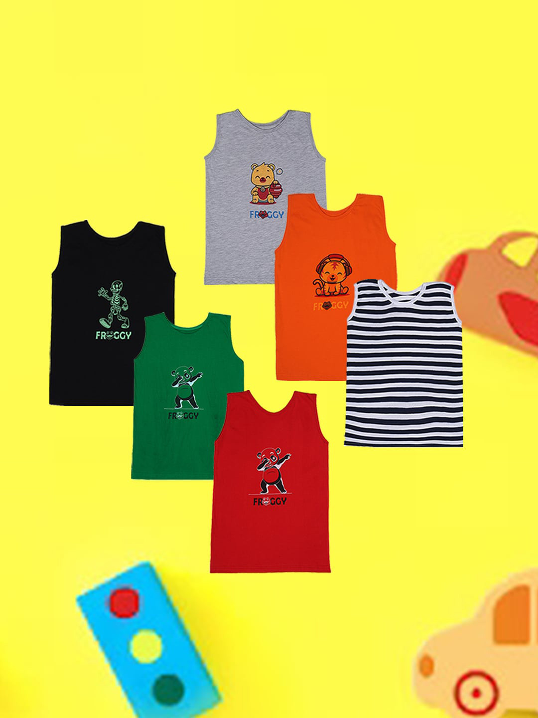 

FROGGY Kids Pack Of 6 Assorted Pure Cotton Sleeveless Innerwear Vests