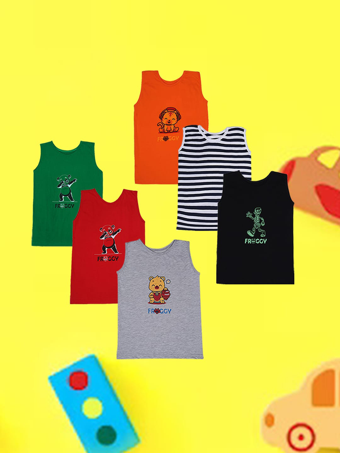 

FROGGY Kids Pack of 6 Assorted Pure Cotton Innerwear Basic Vests