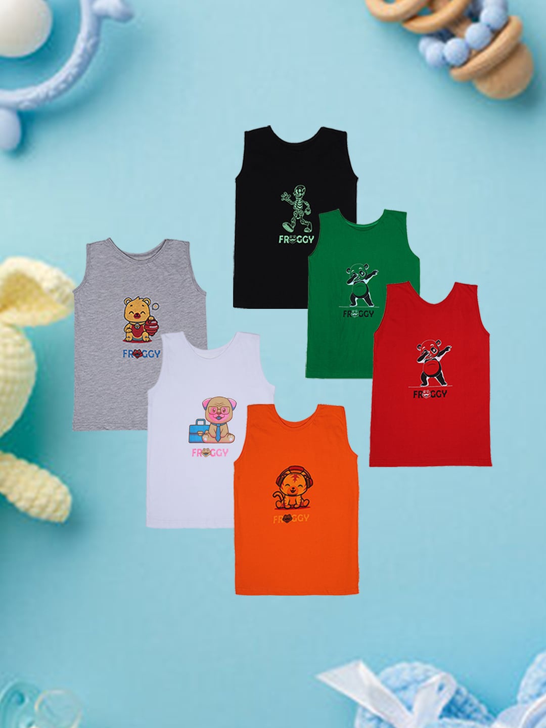 

FROGGY Kids Pack Of 6 Assorted Pure Cotton Innerwear Basic Vests