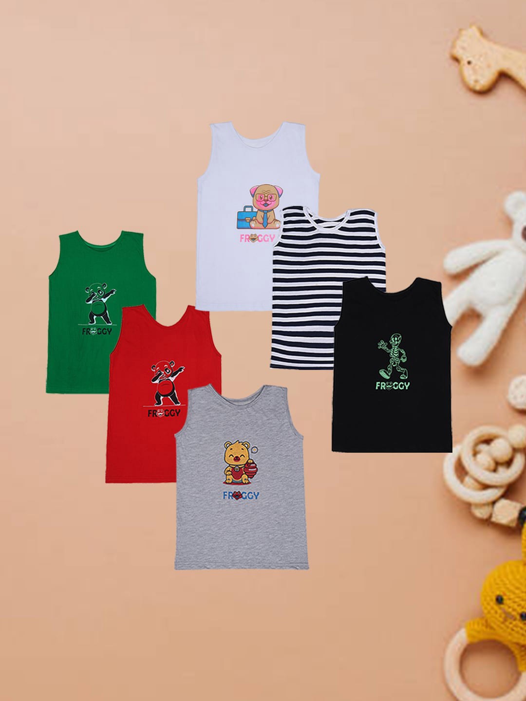 

FROGGY Kids Pack Of 6 Assorted Pure Cotton Innerwear Vest