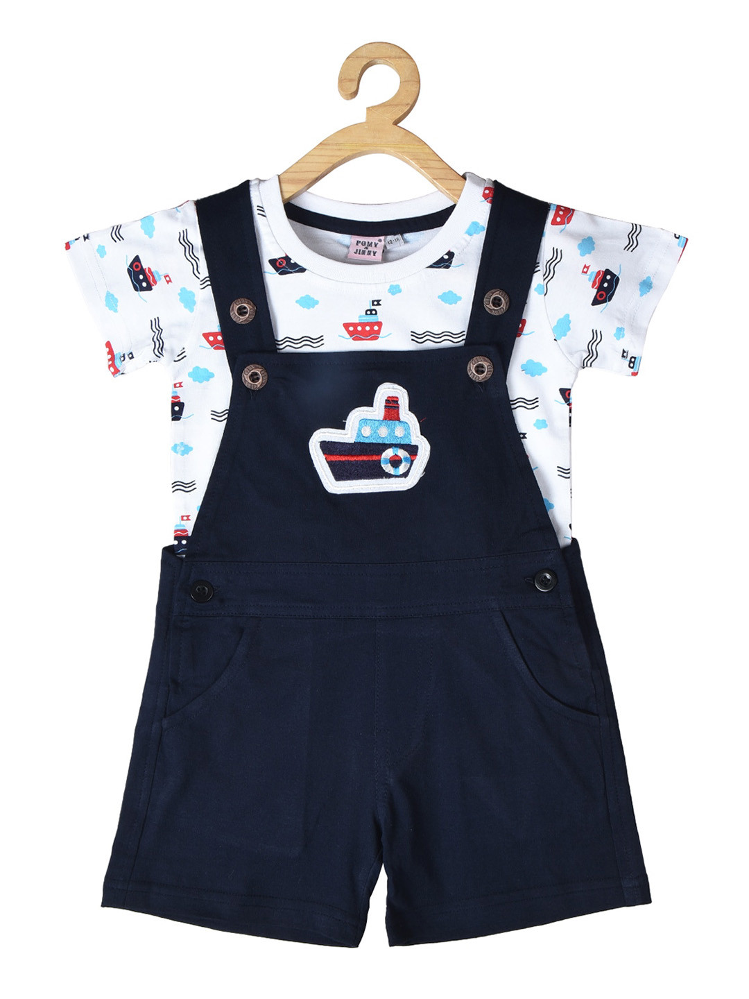

POMY & JINNY Infants Embroidery Detail Cotton Dungaree With T-shirt, Blue