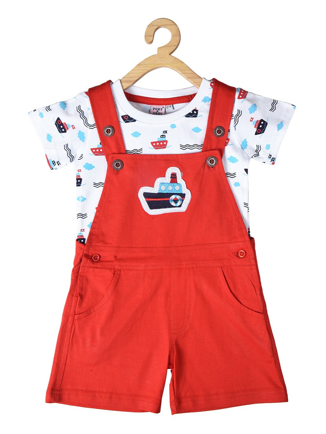 

POMY & JINNY Infants Embroidery Detailed Cotton Dungaree With T-shirt, Red