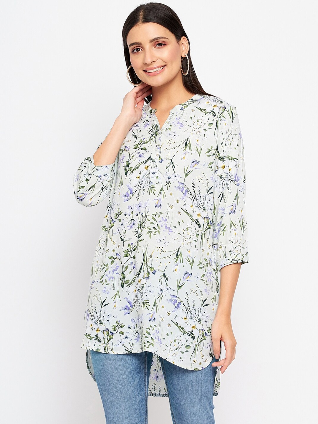 

Duke Floral Printed Mandarin Collar Tunic, Green