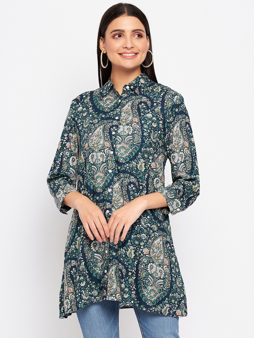 

Duke Ethnic Motifs Printed Shirt Collar Tunic, Navy blue