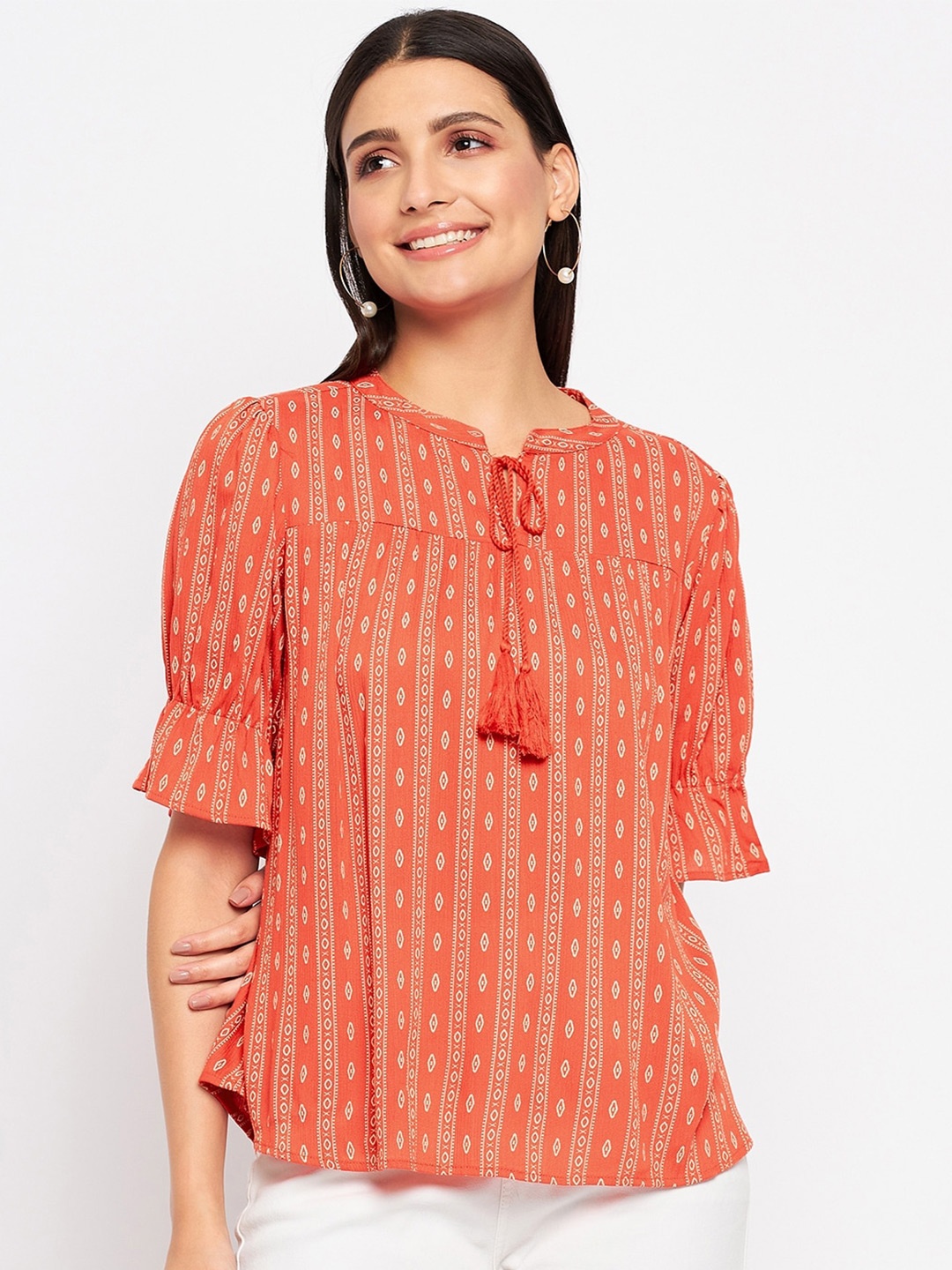 

Duke Ethnic Motif Printed Puff Sleeves Tunic, Orange