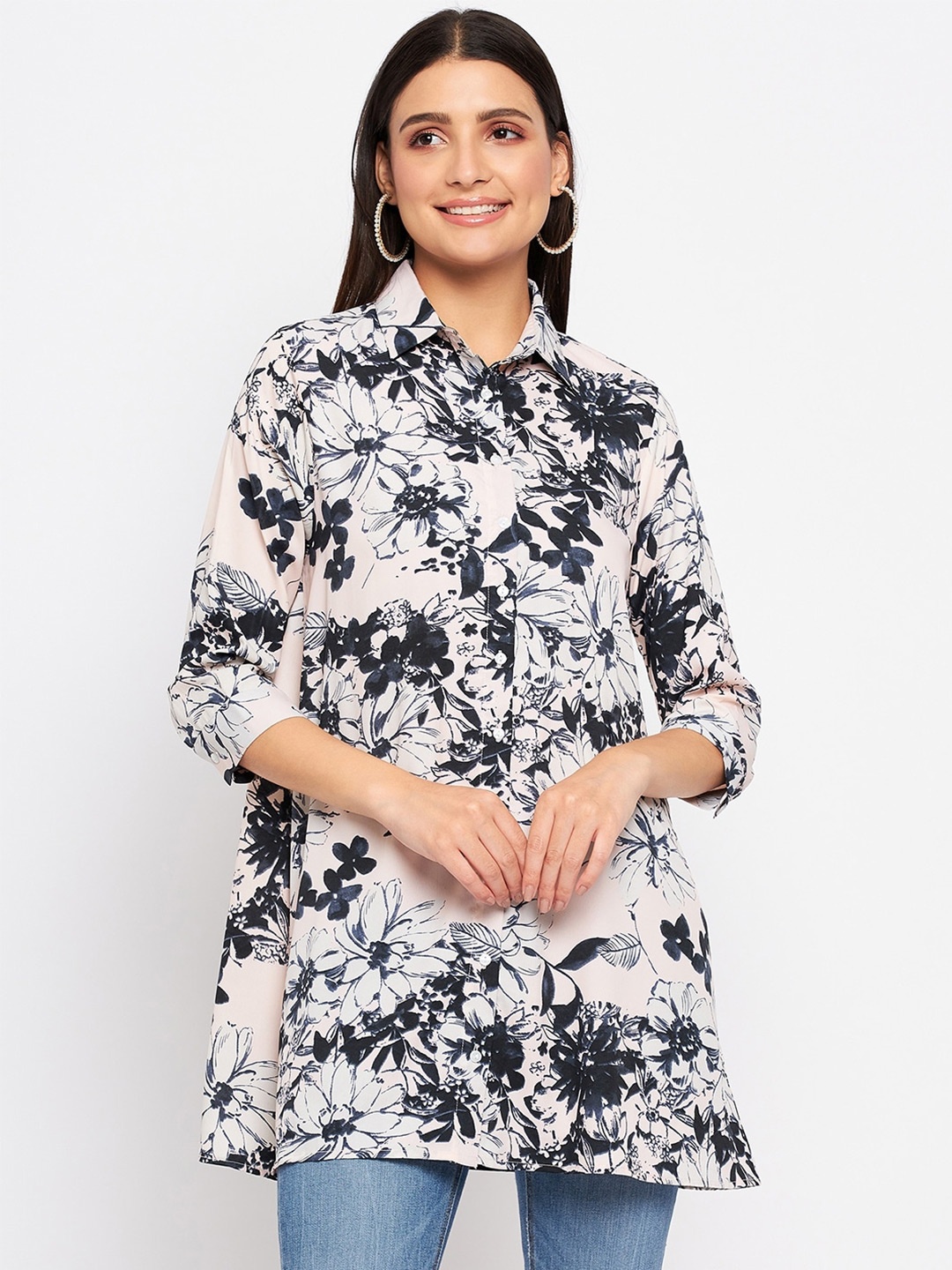 

Duke Floral Printed Shirt Collar Tunic, White