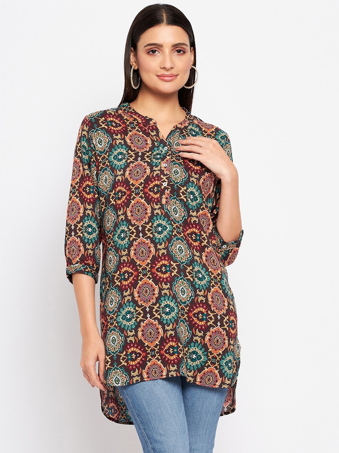 

Duke Ethnic Motifs Printed Mandarin Collar Tunic, Brown