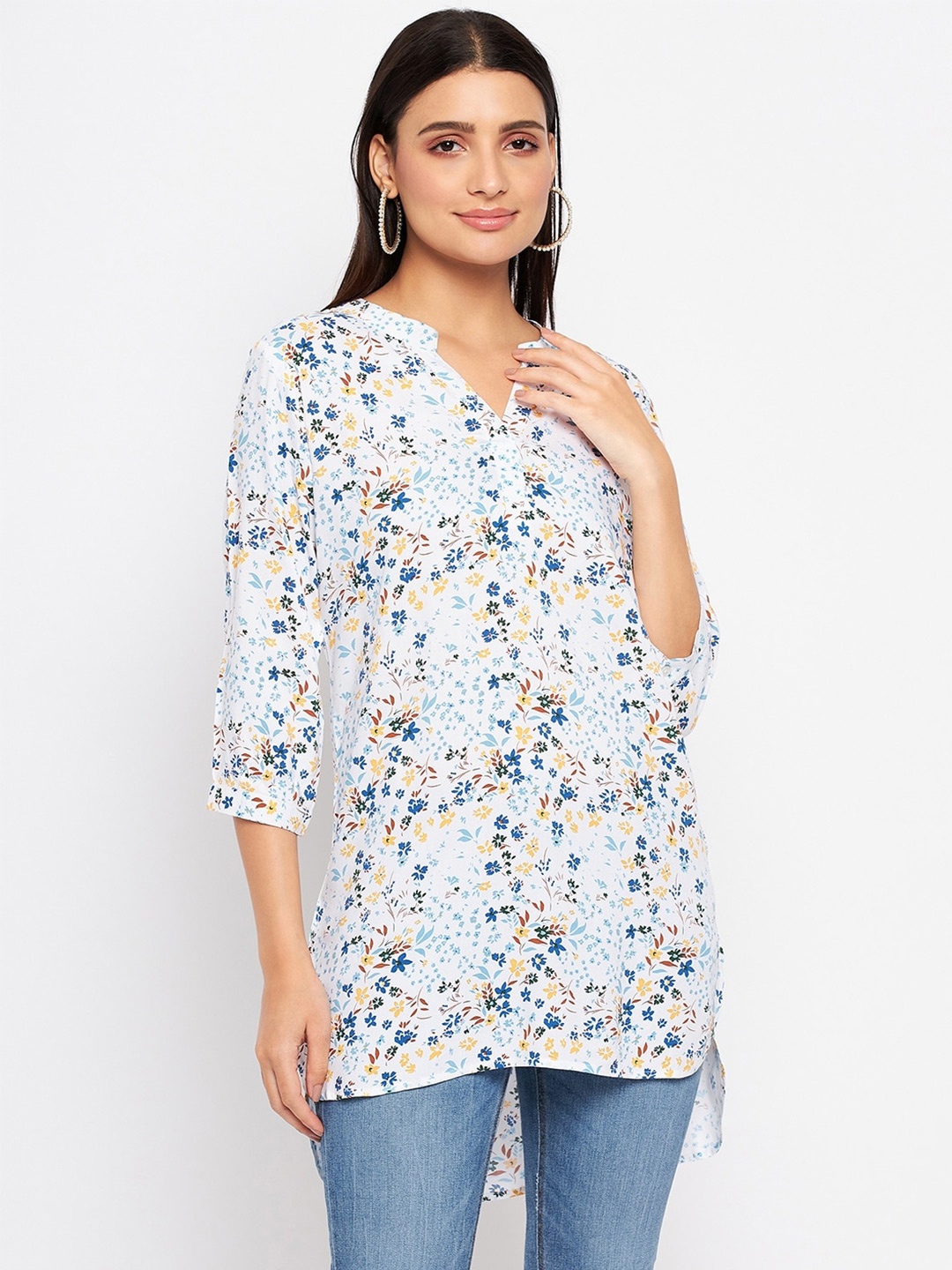 

Duke Floral Printed Mandarin Collar Tunic, White