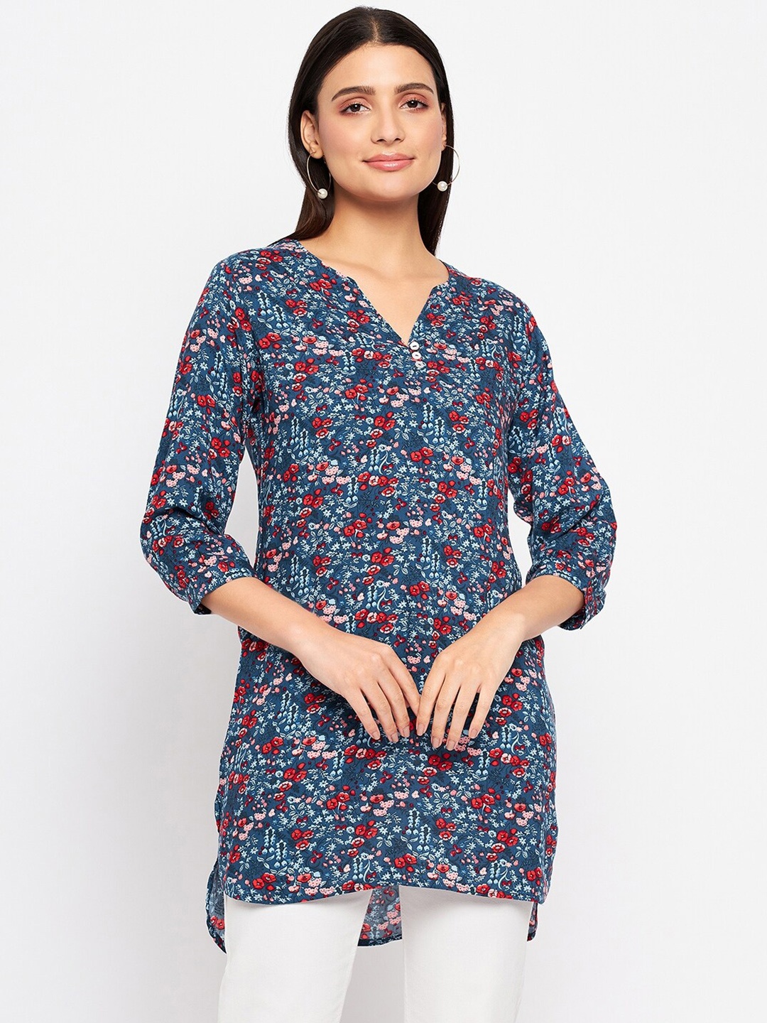 

Duke Floral Printed Mandarin Collar Tunic, Blue