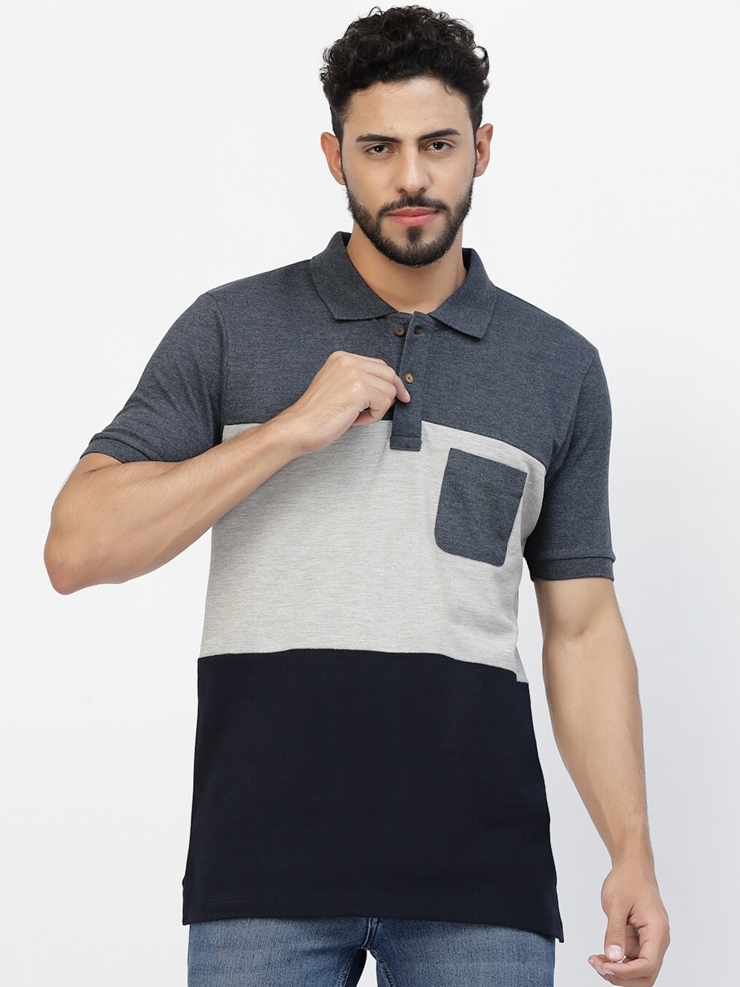 

Kalt Colourblocked Polo Collar Pockets T-shirt, Grey
