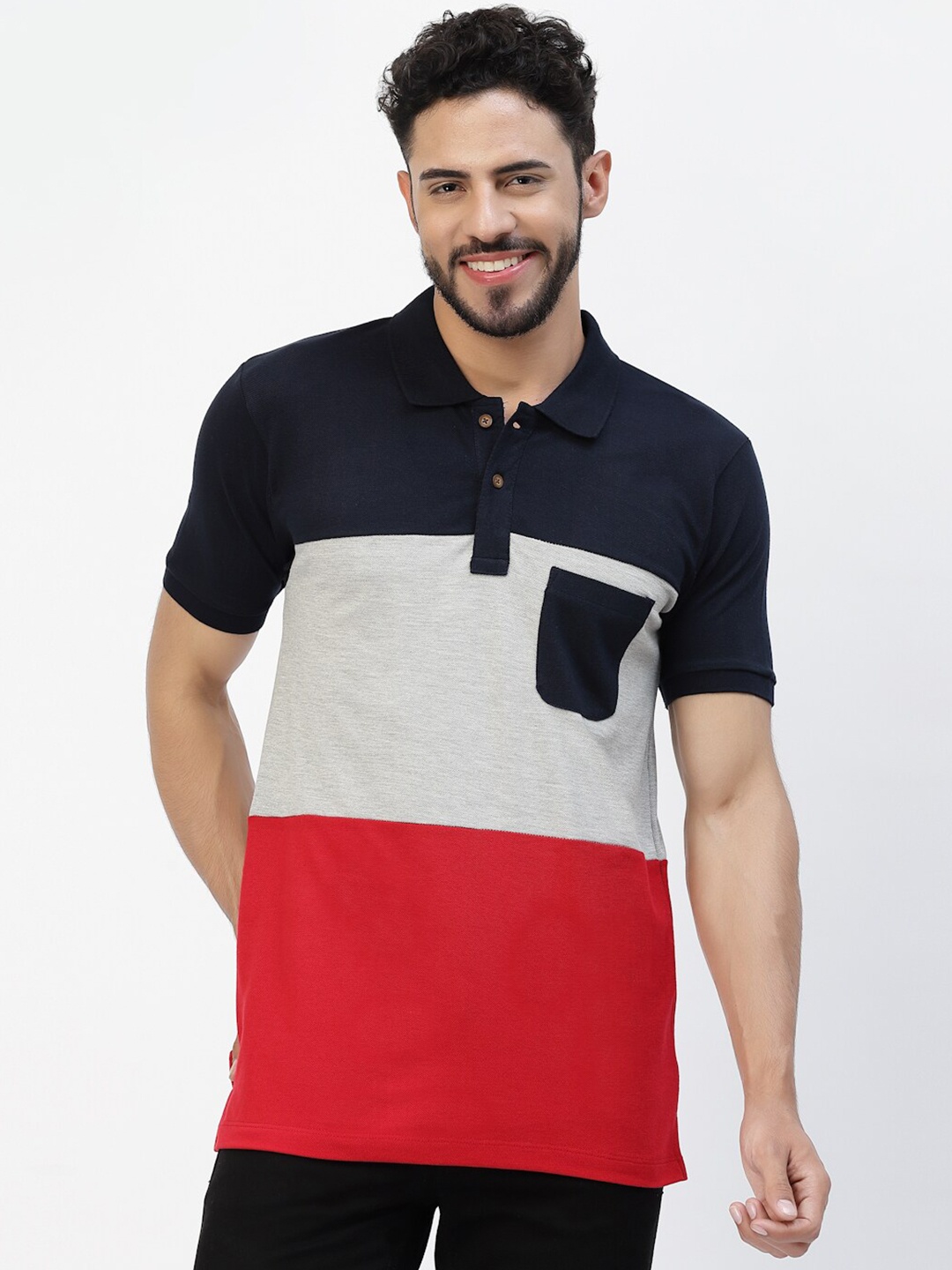 

Kalt Colourblocked Polo Collar Pockets T-shirt, Red