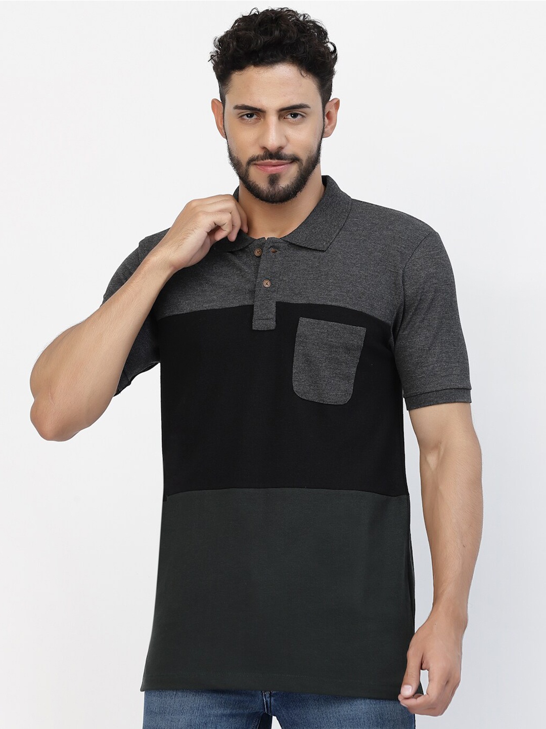 

Kalt Colourblocked Polo Collar Pockets T-shirt, Grey melange