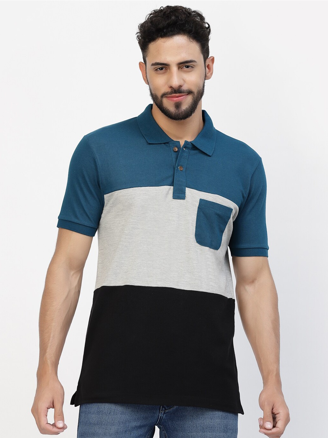 

Kalt Colourblocked Polo Collar Pockets T-shirt, Black