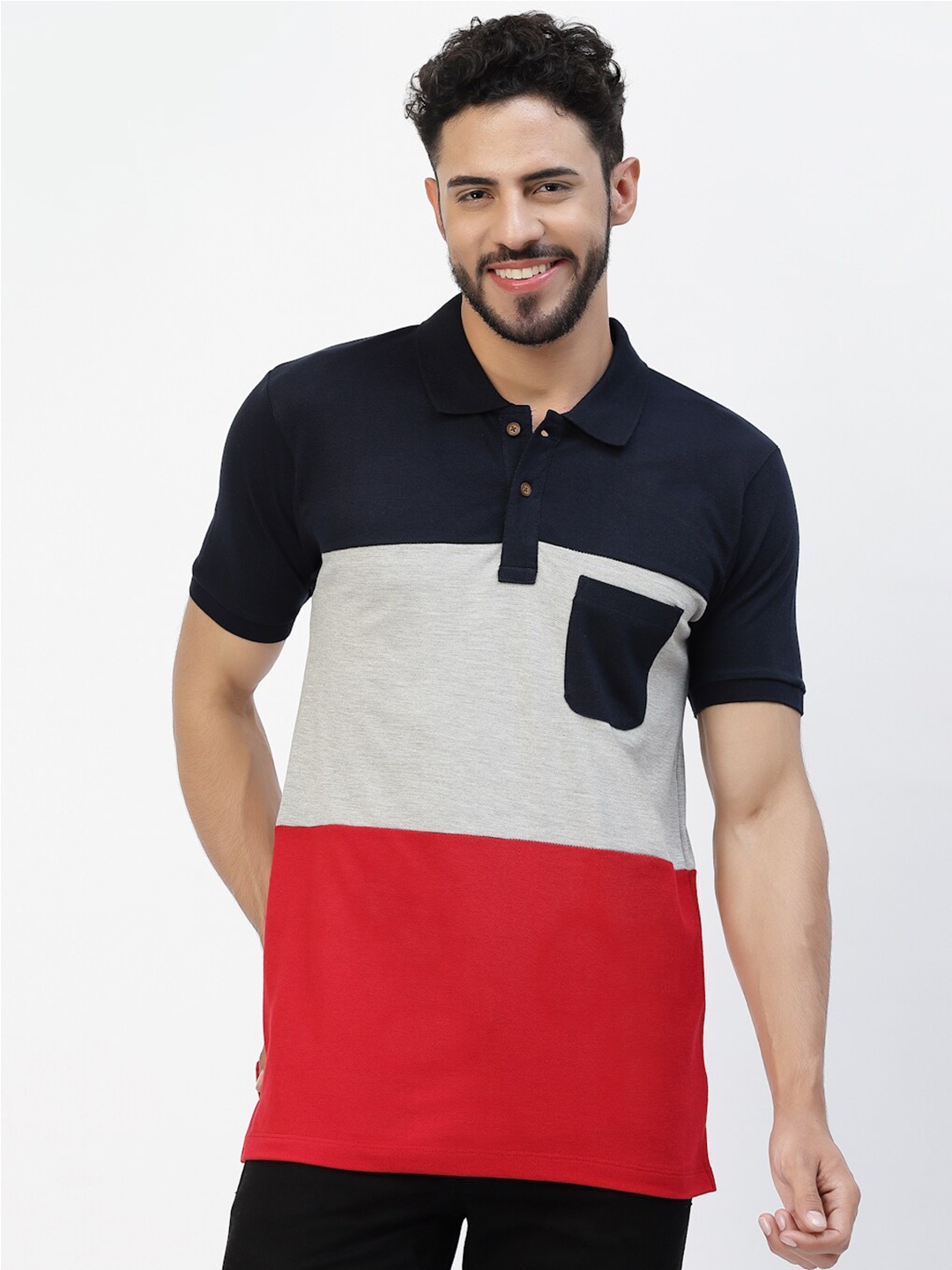 

Kalt Colourblocked Polo Collar Pockets T-shirt, Red