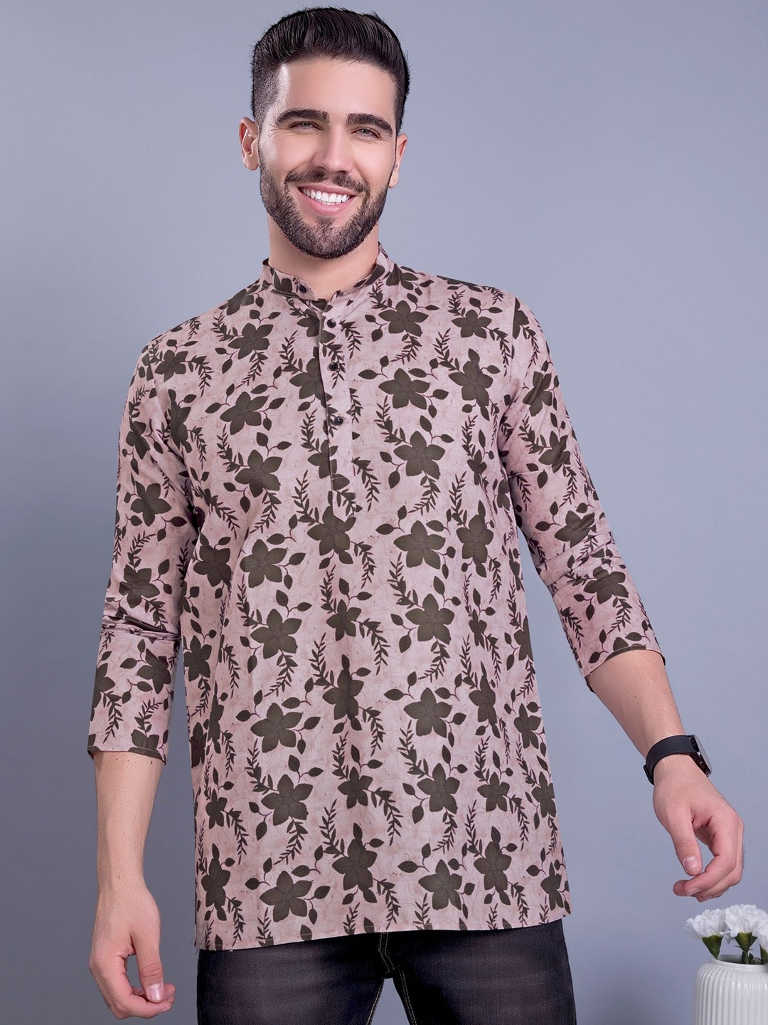 

SHIWAM ETHNIX Floral Printed Band Collar Kurta, Beige