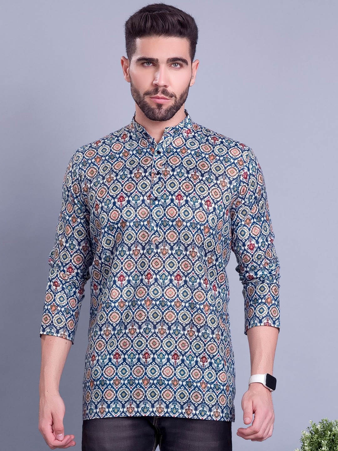 

SHIWAM ETHNIX Ethnic Motifs Printed Band Collar Kurta, Green