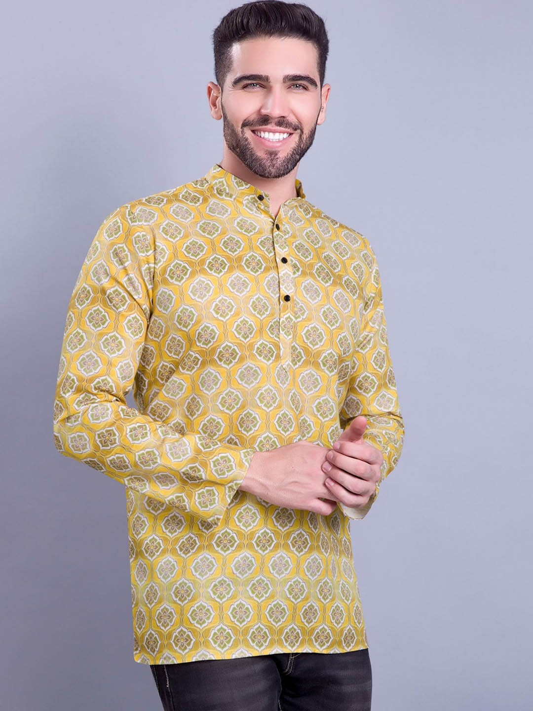 

SHIWAM ETHNIX Ethnic Motifs Printed Band Collar Kurta, Yellow