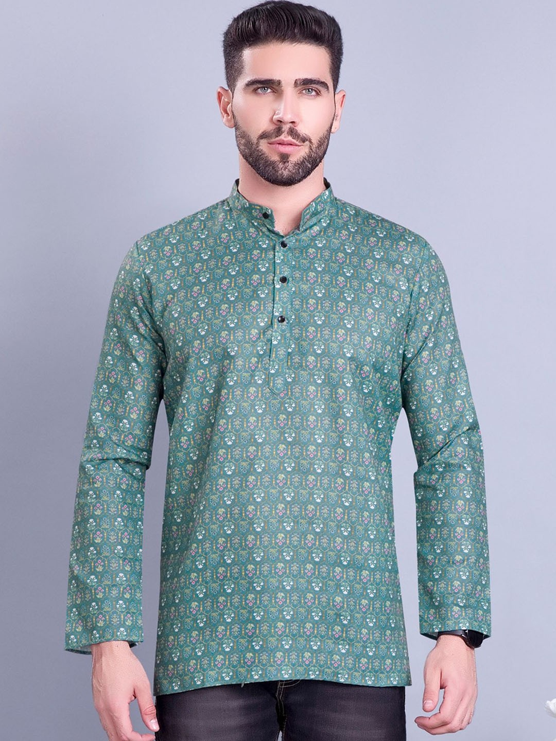 

SHIWAM ETHNIX Ethnic Motifs Printed Band Collar Kurta, Green