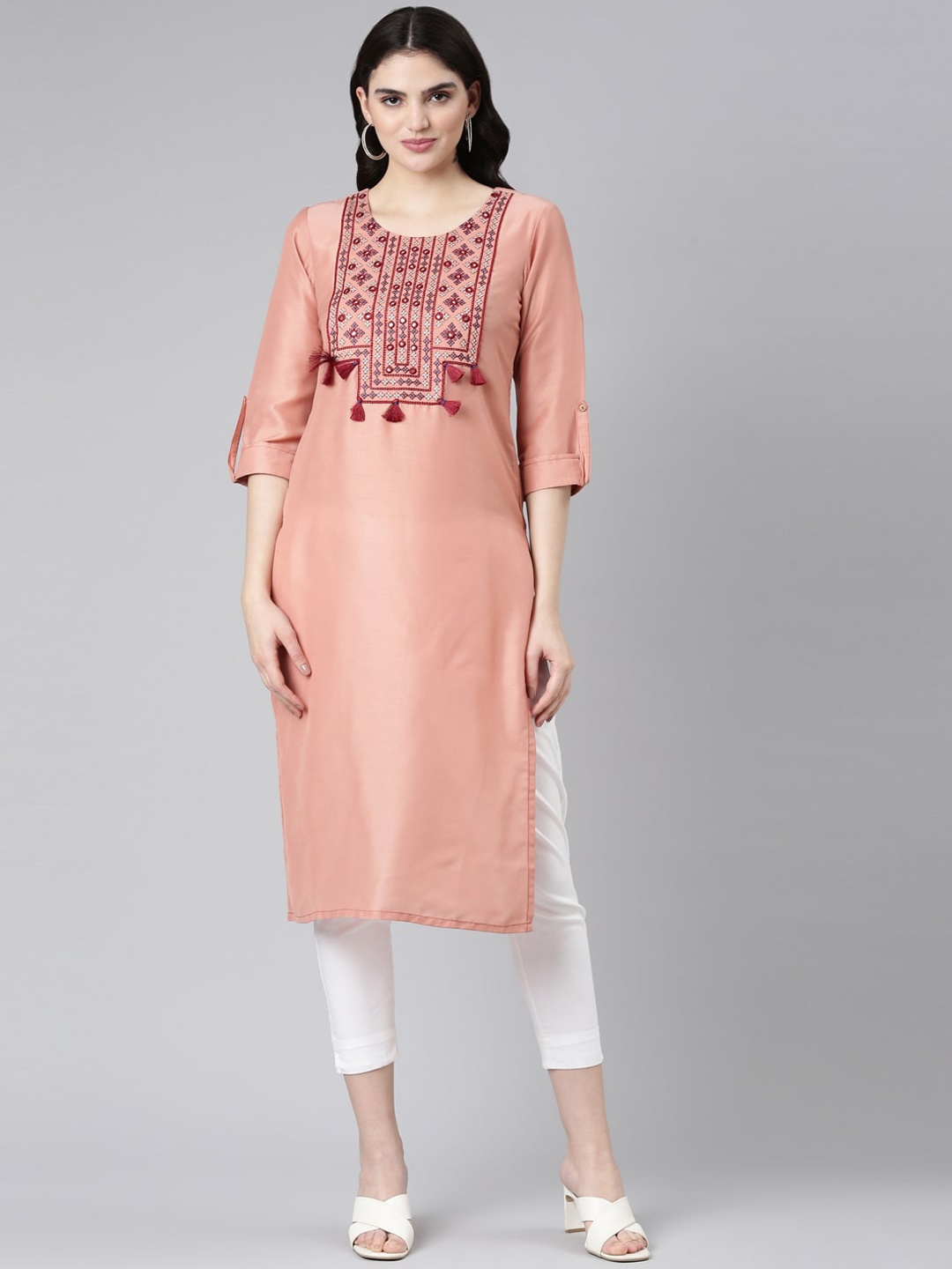 

Neerus Yoke Design Thread Work Pure Cotton Kurta, Peach