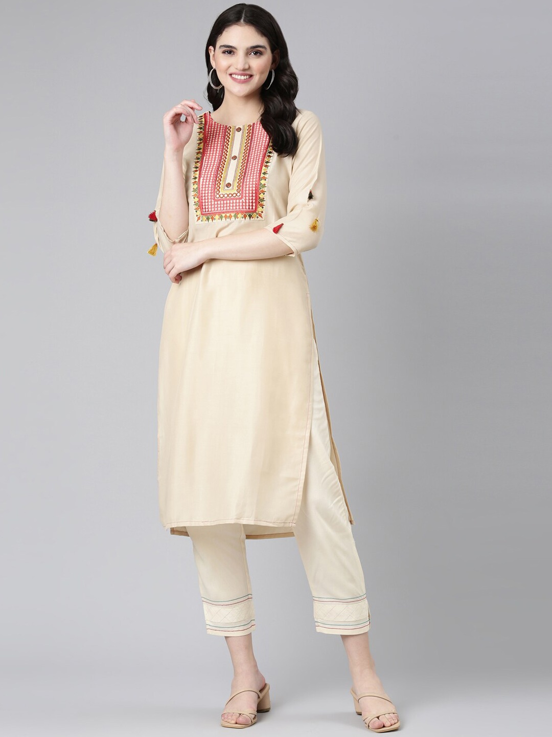 

Neerus Yoke Design Mirror Work Cotton Kurta, Beige