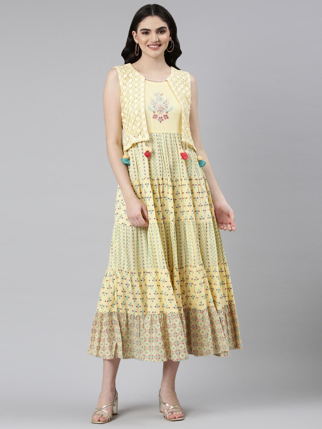 

Neerus Ethnic Motifs Printed Sequinned Silk Midi Ethnic Dress, Yellow