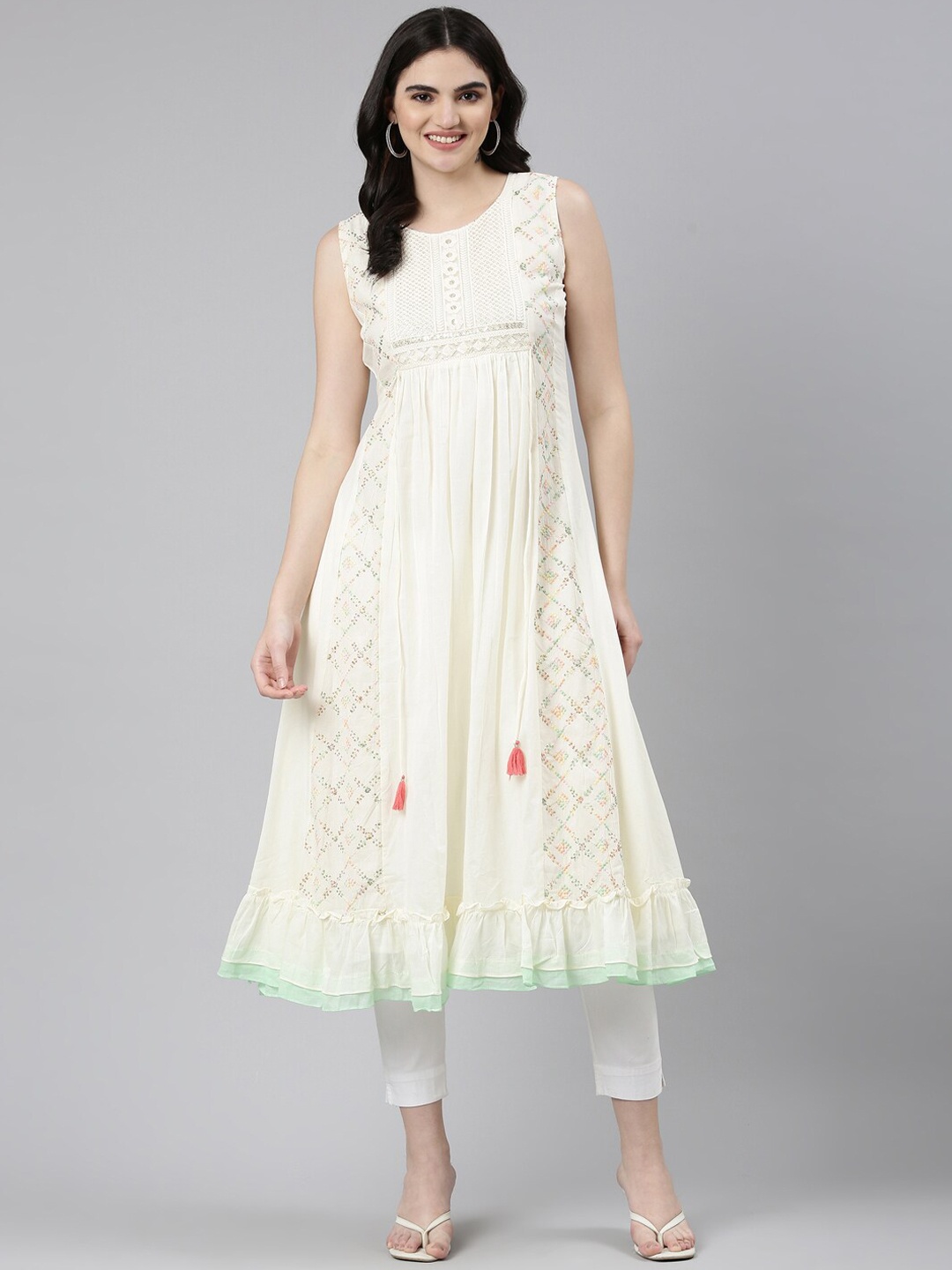 

Neerus Sequin Embroidered Anarkali Kurta, Cream
