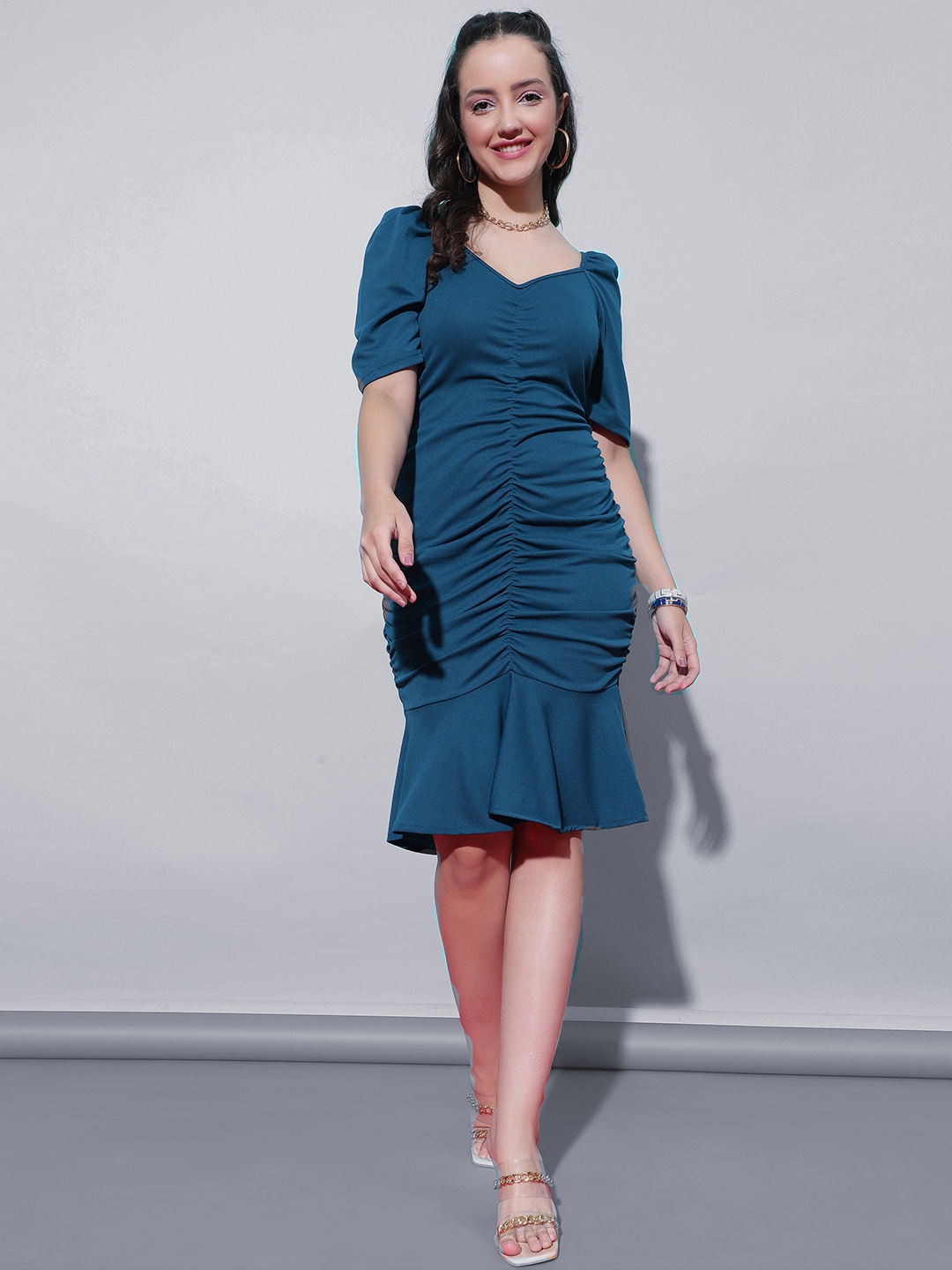 

WESTHOOD V Neck Sheath Ruched Dress, Teal