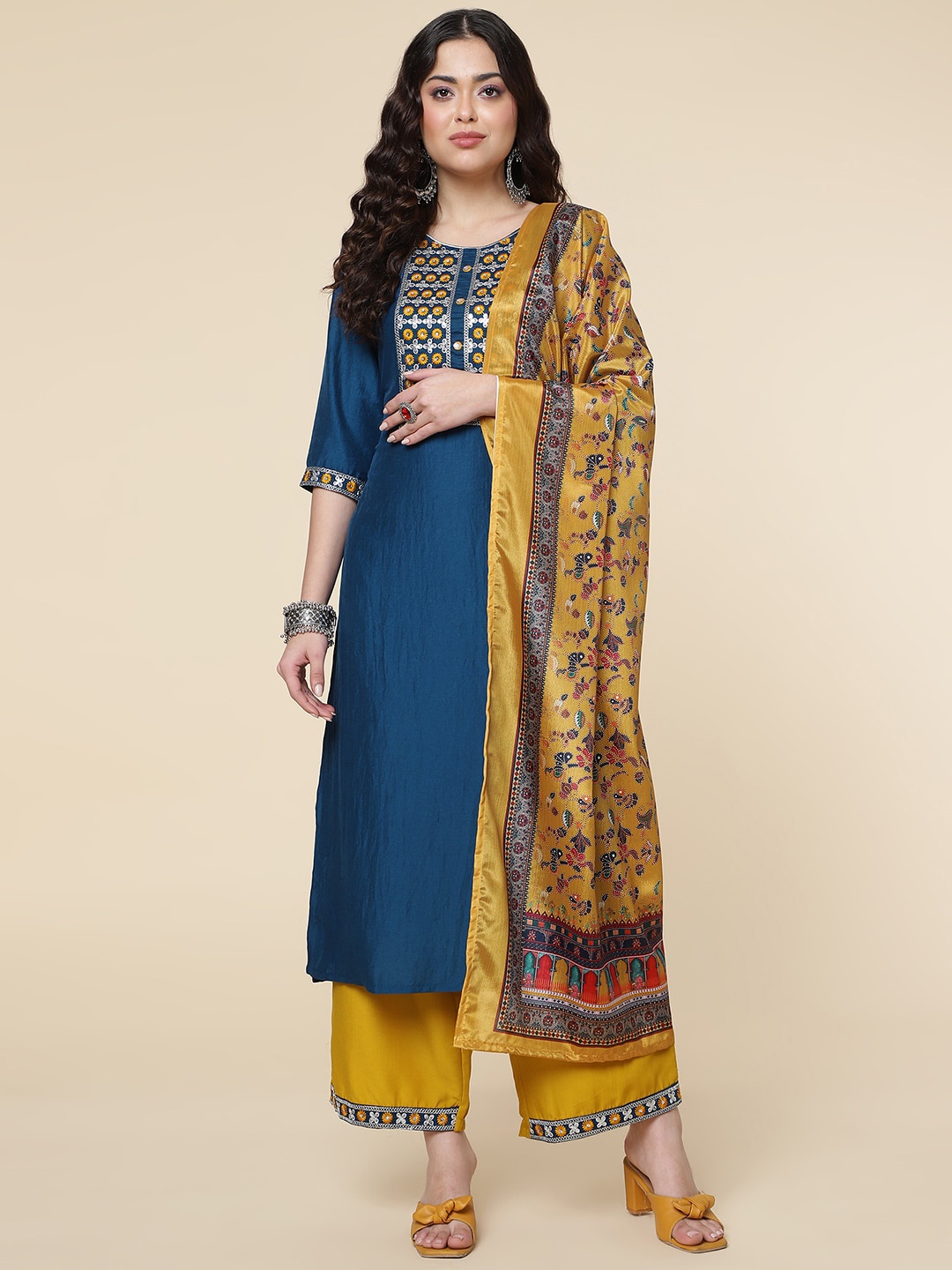 

HERE&NOW Ethnic Motifs Embroidered Mirror Work Jute Silk Kurta with Trousers & Dupatta, Navy blue