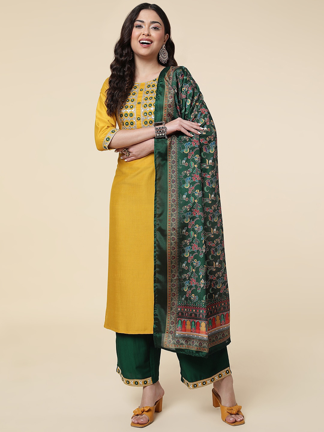 

HERE&NOW Floral Yoke Design Thread Work Jute Silk Kurta with Palazzos & Dupatta, Mustard