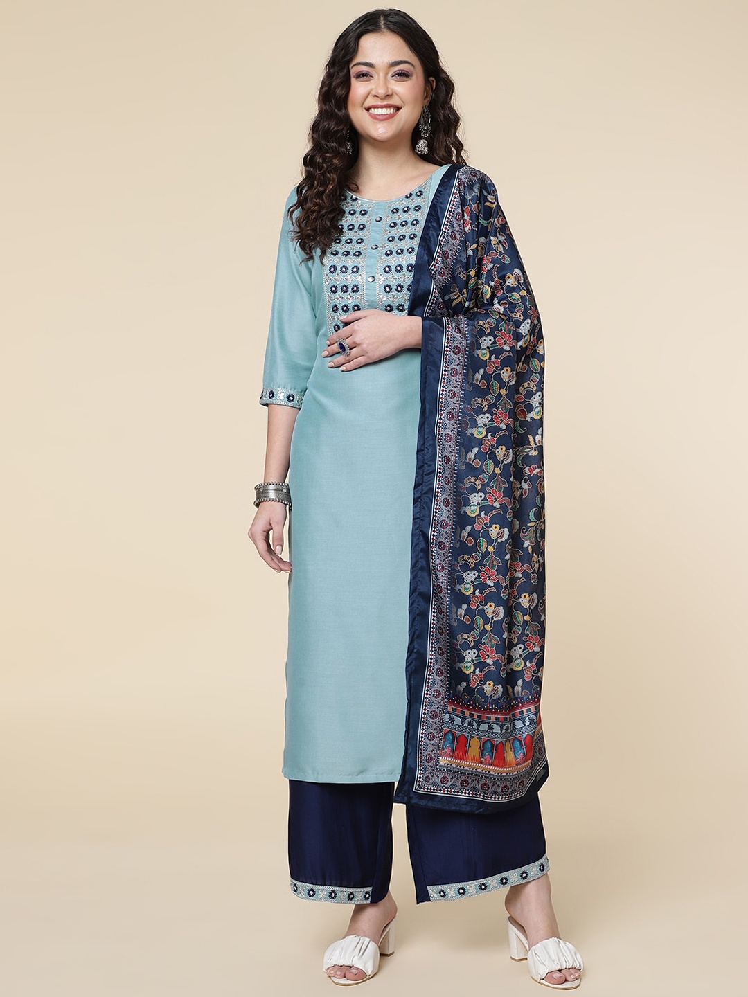 

HERE&NOW Floral Embroidered Kurta with Palazzos & Dupatta, Turquoise blue
