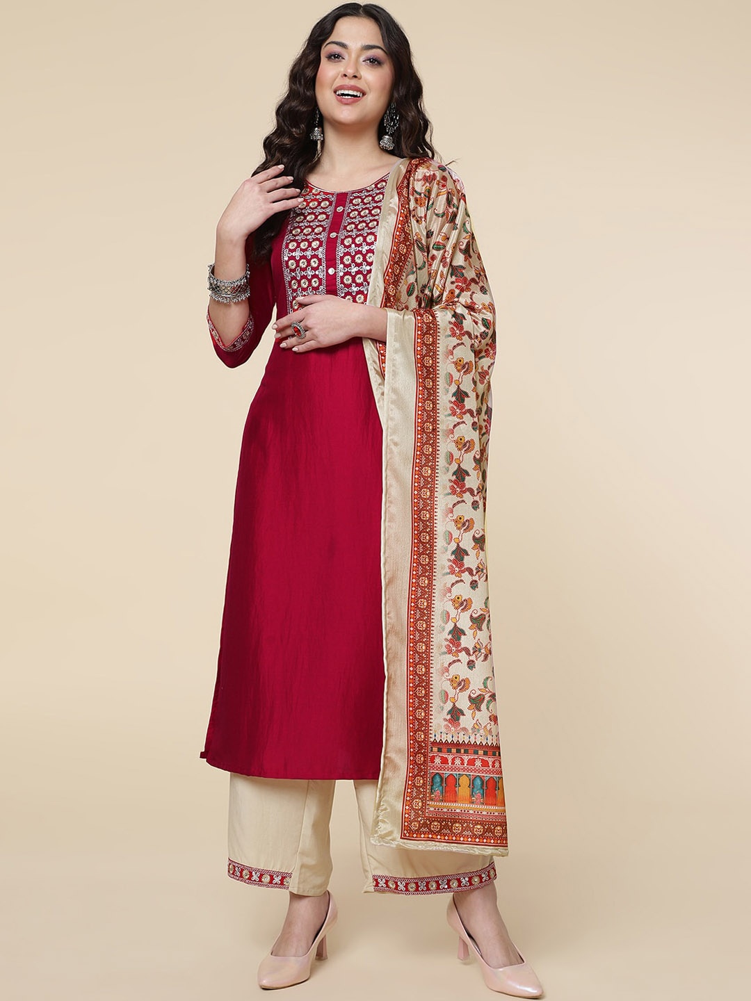 

HERE&NOW Women Embroidered Thread Work Kurta With Trousers & Dupatta, Red