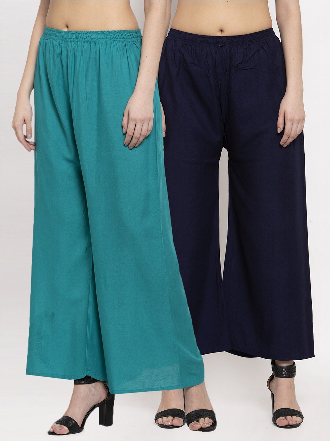 

Miaz Lifestyle Women Pack Of 2 Chambray Cotton Flared Palazzos, Navy blue