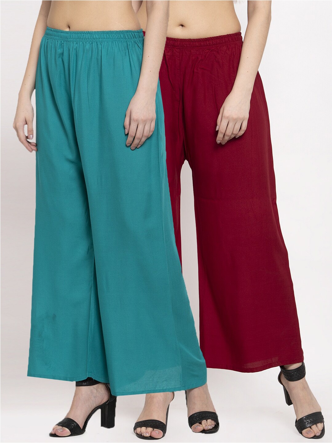 

Miaz Lifestyle Women Pack Of 2 Chambray Cotton Flared Palazzos, Green