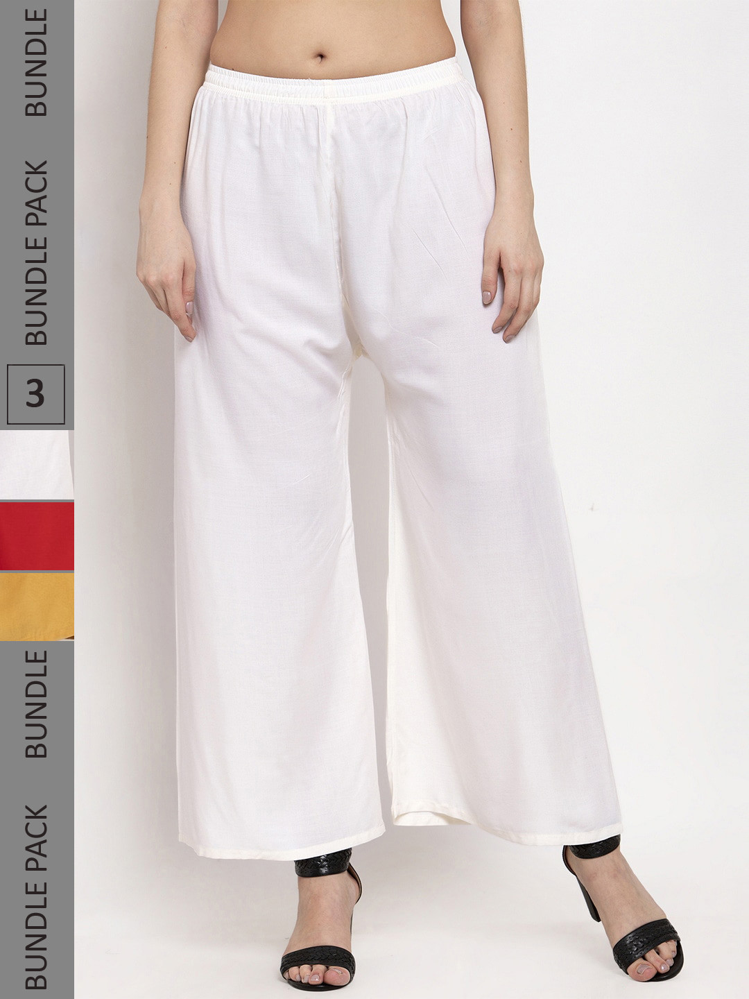 

Miaz Lifestyle Women Pack Of 3 Chambray Cotton Flared Palazzos, Red