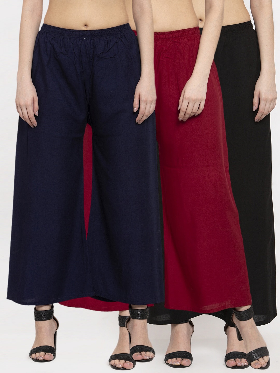 

Miaz Lifestyle Women Pack Of 3 Chambray Cotton Palazzos, Black