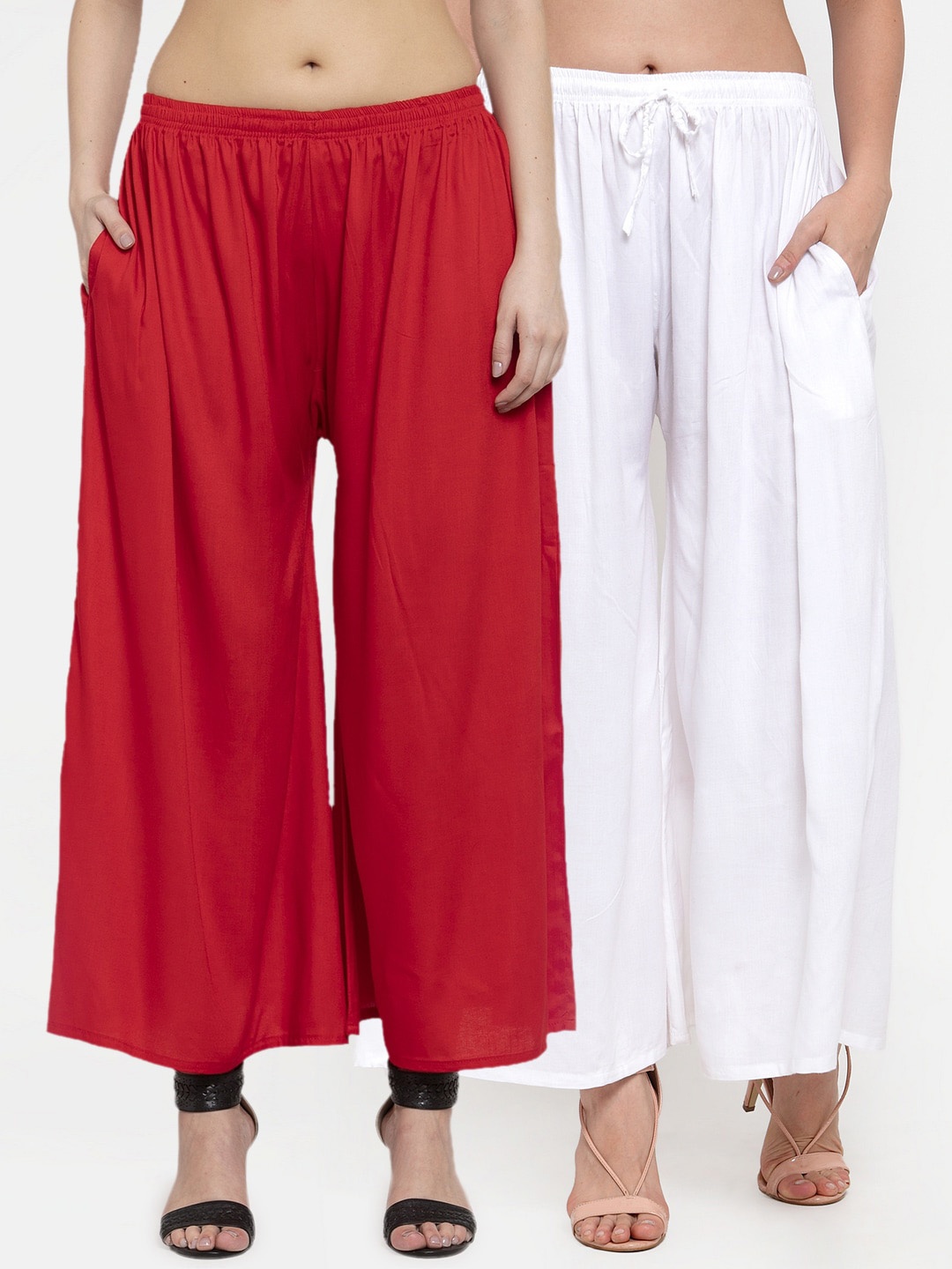 

Miaz Lifestyle Women Pack Of 2 Chambray Cotton Flared Palazzos, Red