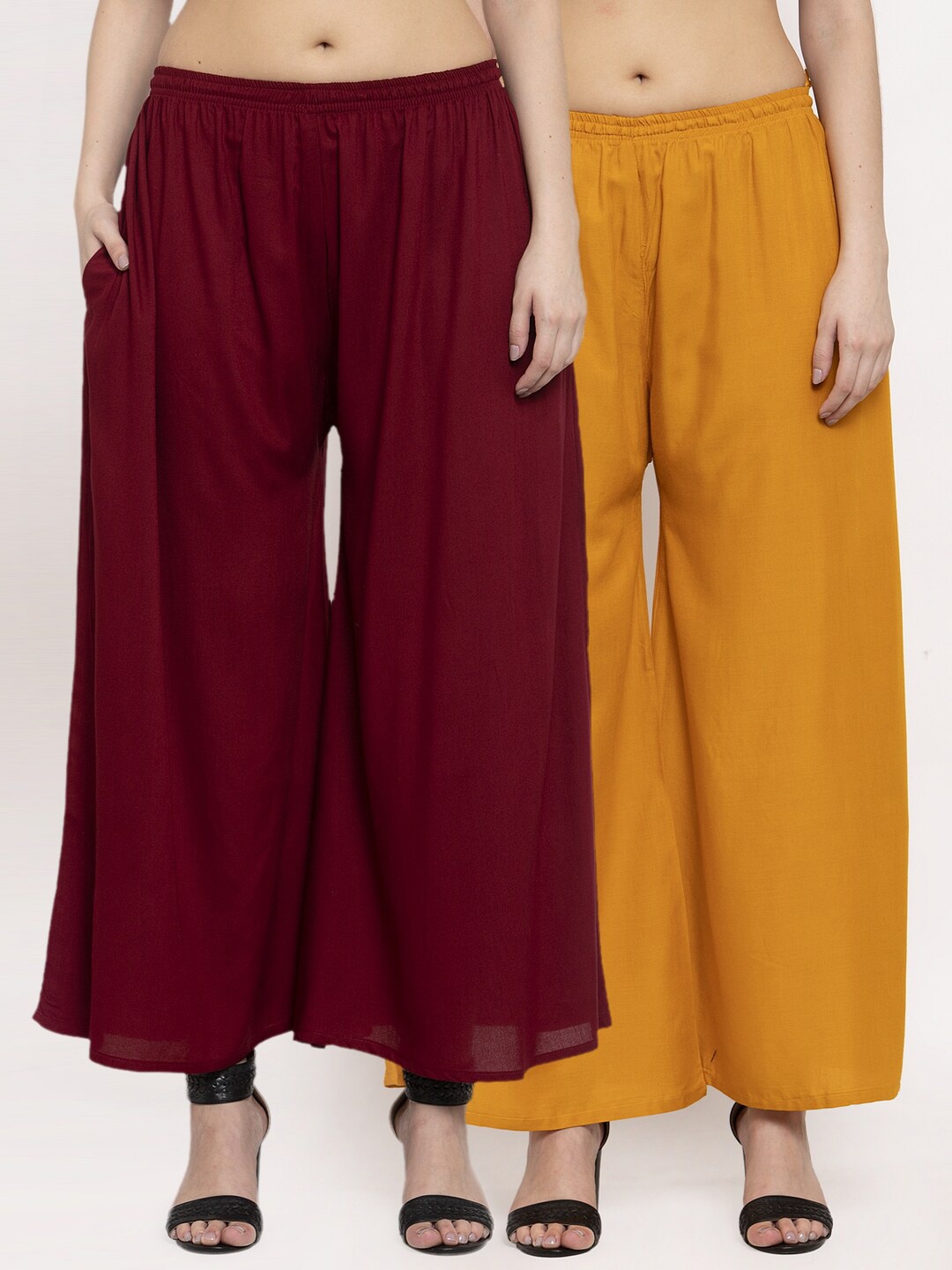 

Miaz Lifestyle Women Pack Of 2 Chambray Cotton Flared Palazzos, Maroon