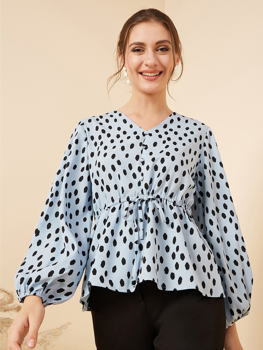 

RARE Abstract Printed Puff Sleeve Peplum Top, Blue