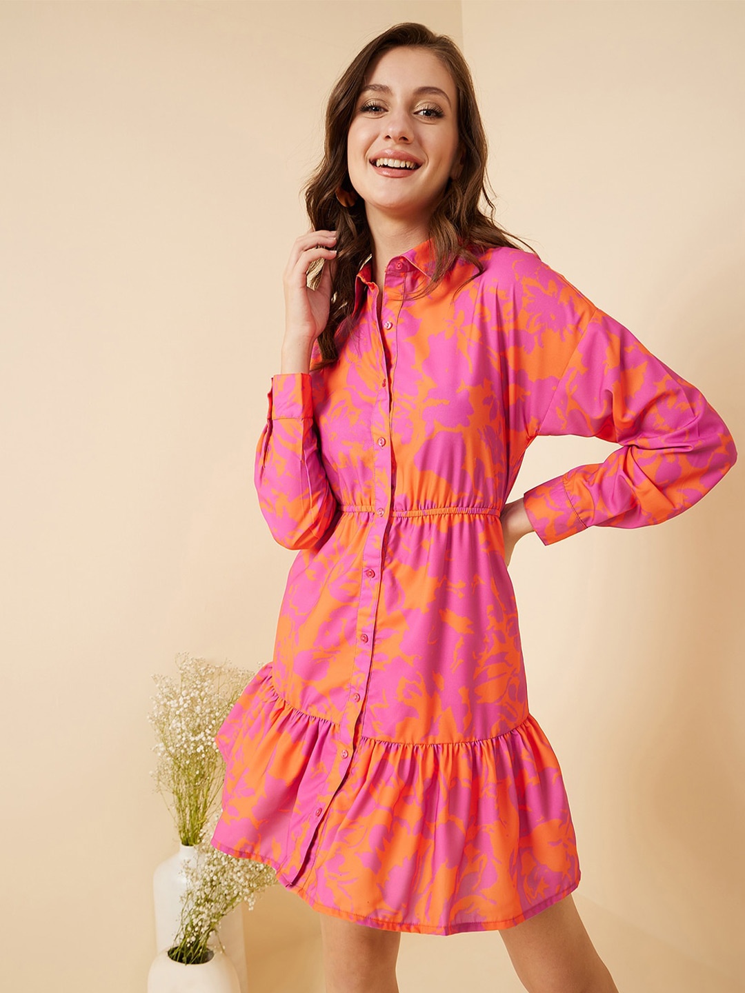

RARE Orange Abstarct Printed Cuffed Sleeve Tiered Shirt Dress