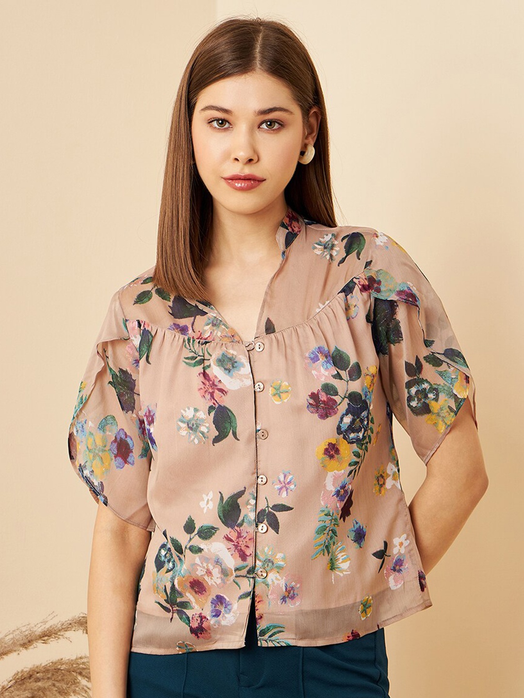 

RARE Beige Floral Print Petal Sleeves Shirt Style Top