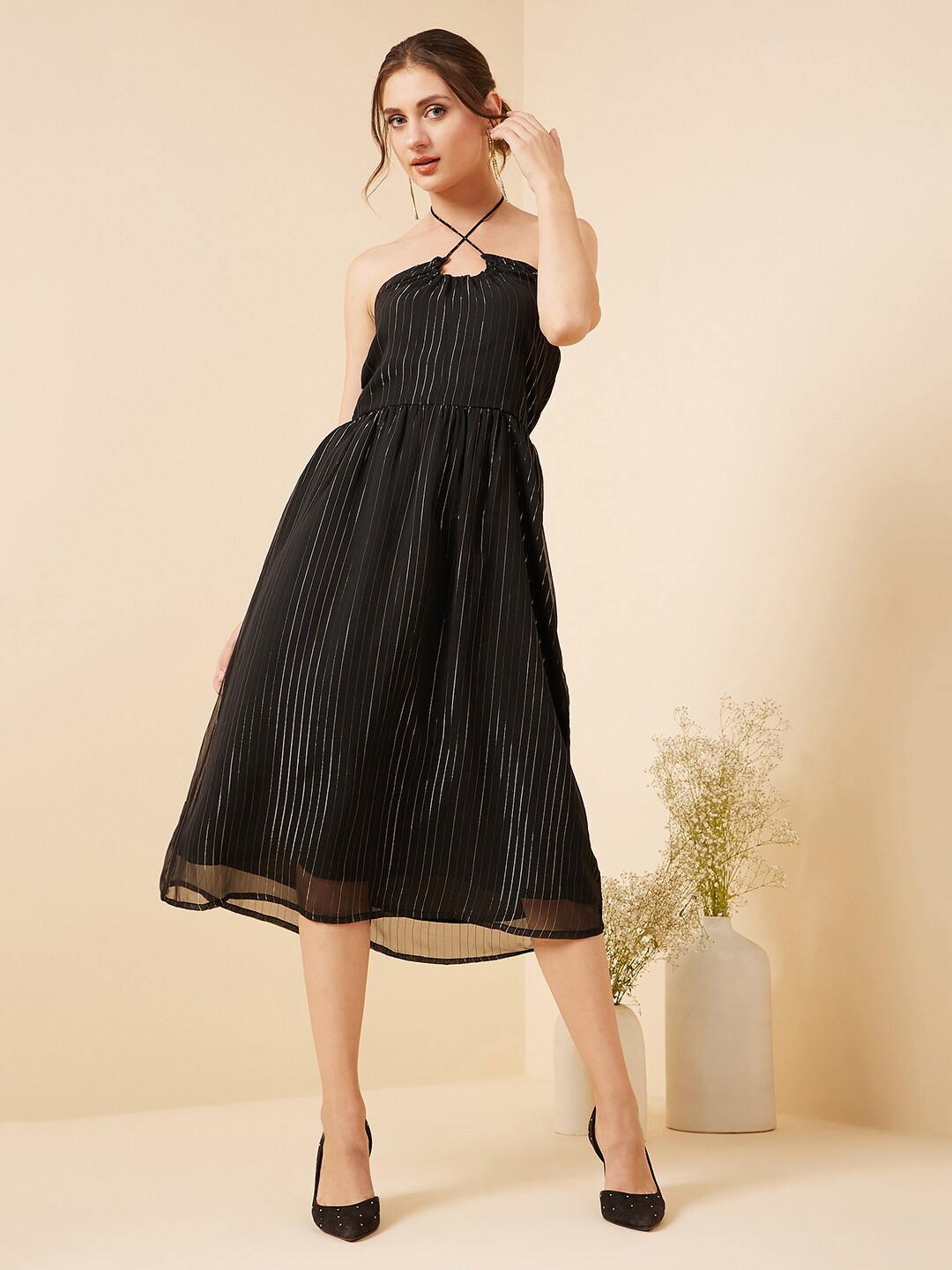 

RARE Black Striped Halter Neck Fit & Flare Midi Dress