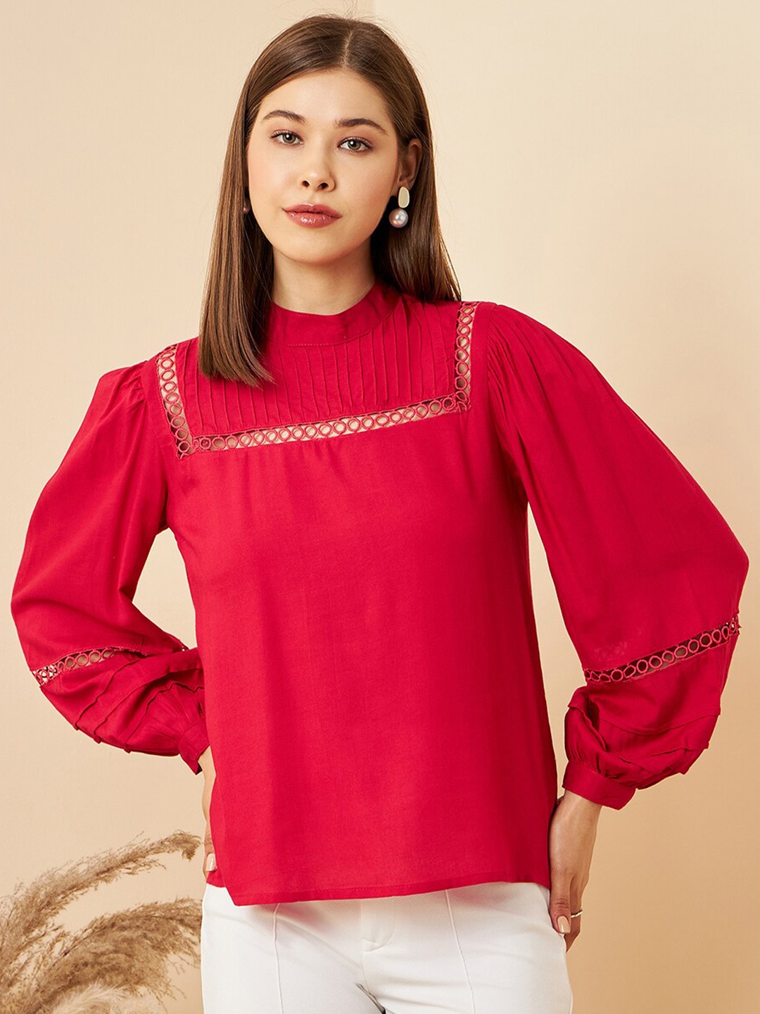 

RARE Fuchsia Cuffed Sleeves High Neck Top With Pin Tacks Details