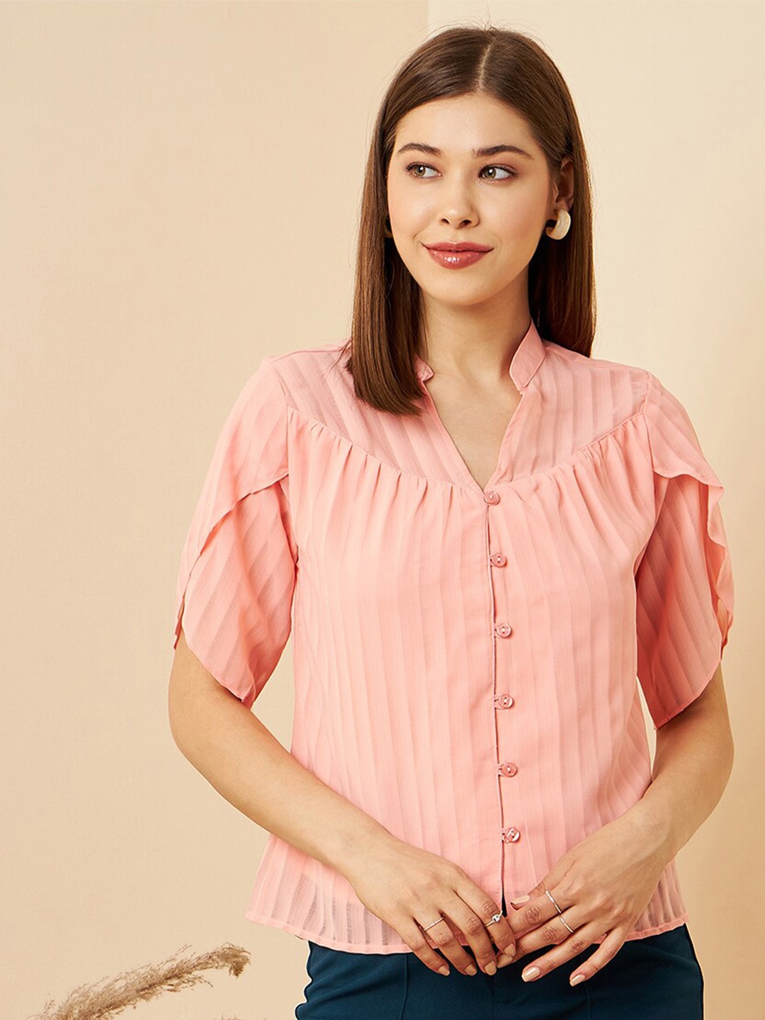 

RARE Peach-Colour Striped Mandarin Collar Tulip Sleeves Shirt Style Top