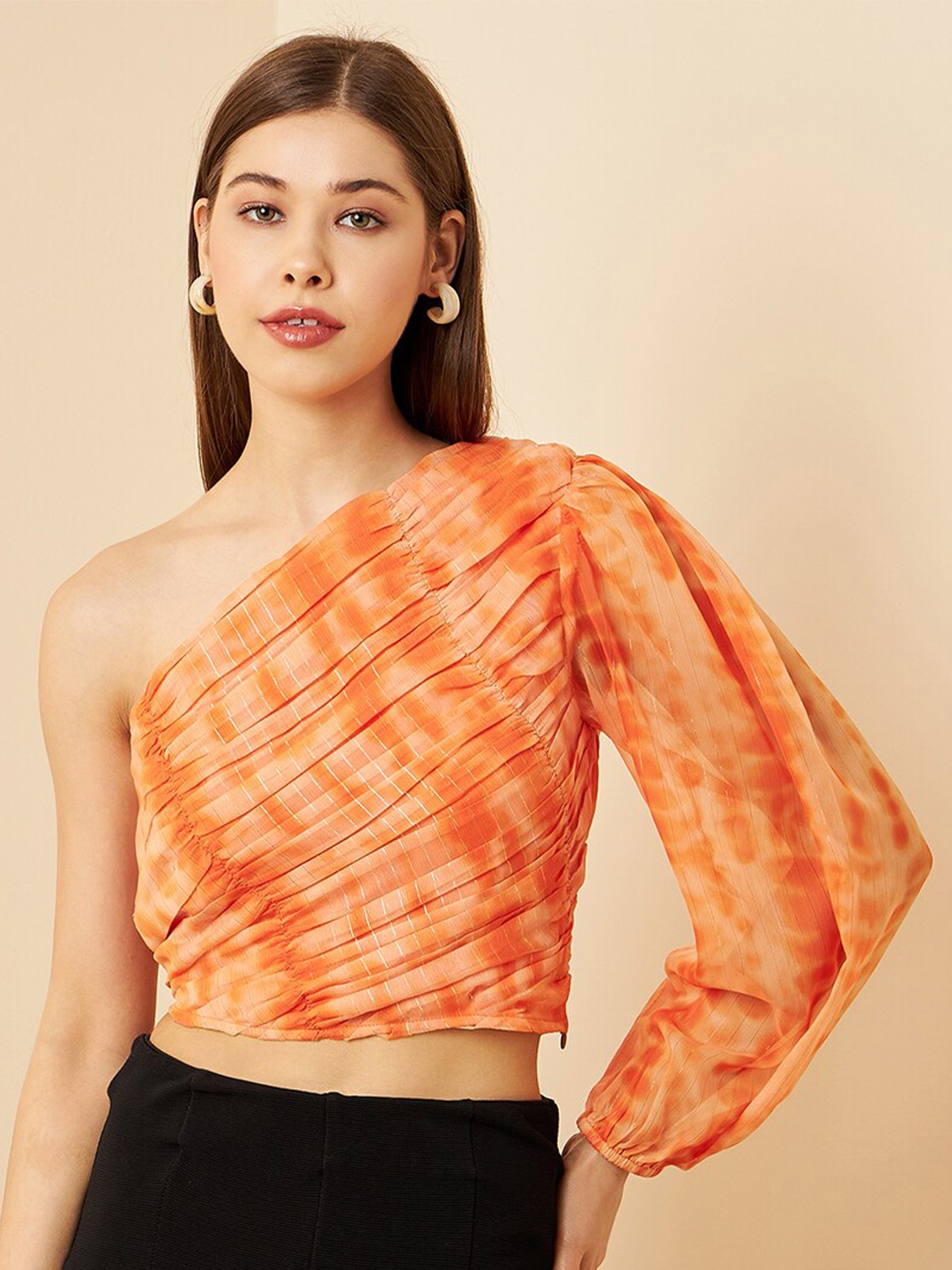 

RARE Tie and Dye One Shoulder Puff Sleeve Crop Top, Orange