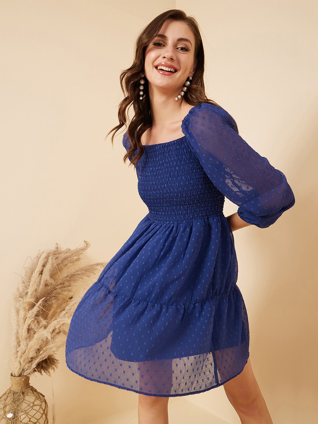 

RARE Navy Blue Self Design Square Neck Fit & Flare Dress