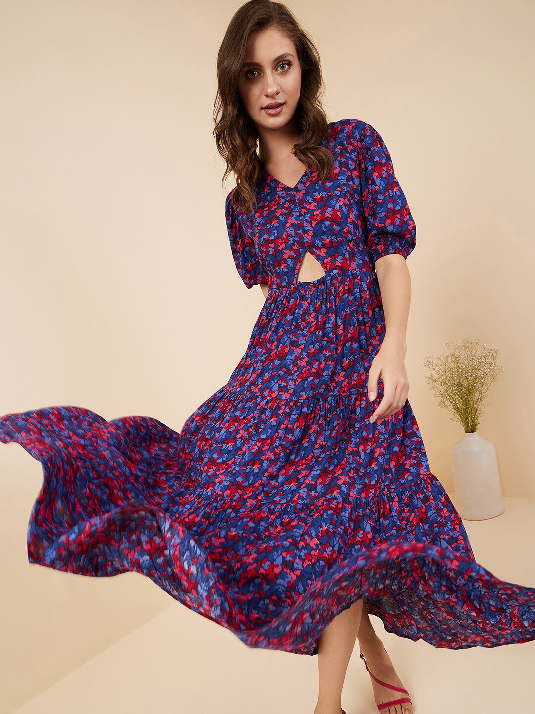 

RARE Blue & Red Floral Printed V-Neck Cut Out Detail Puff Sleeve Fit And Flare Maxi Dress