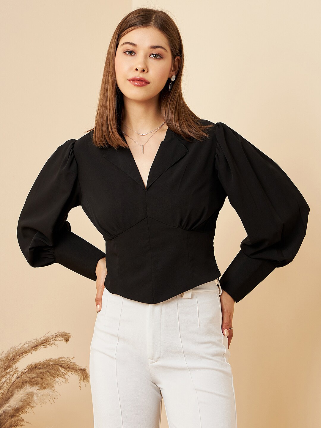 

RARE Black Gathered Shirt Collar Cuffed Sleeves Regular Top